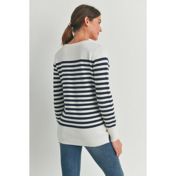 Stripe Maternity Nursing Sweater Top with Button Detail - Navy/White