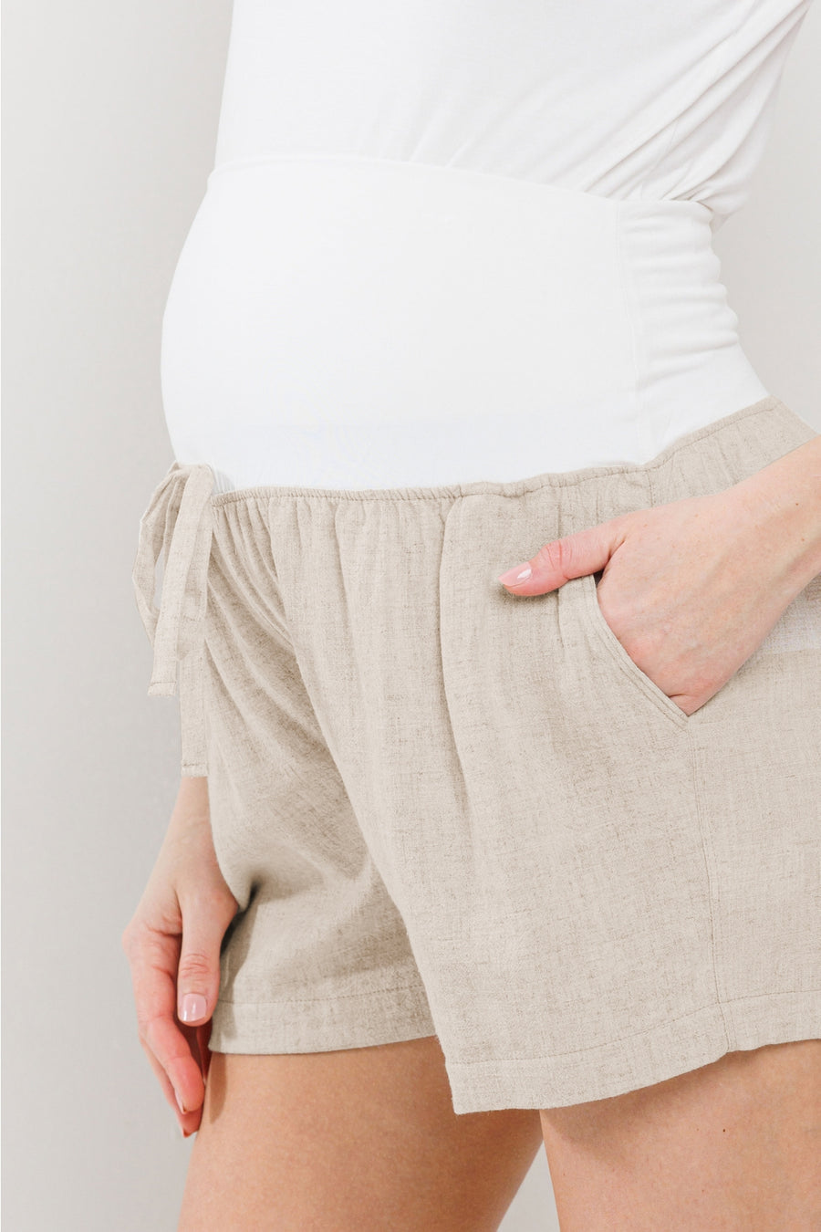 Solid Maternity Shorts with Pockets and Drawstring - Oatmeal