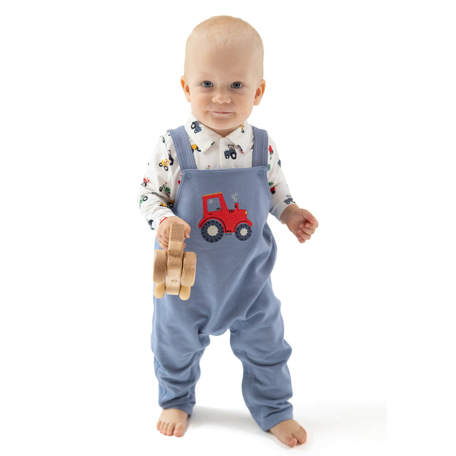 Long Sleeve Henley Top and French Terry Overalls with Applique - Mini Tractors