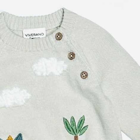 Dino Applique Button Baby Pullover Sweater - Stone