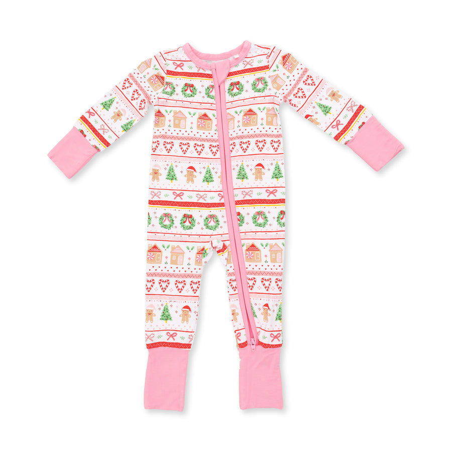Bamboo Zipper Romper - Gingerbread Fair Isle - Pink