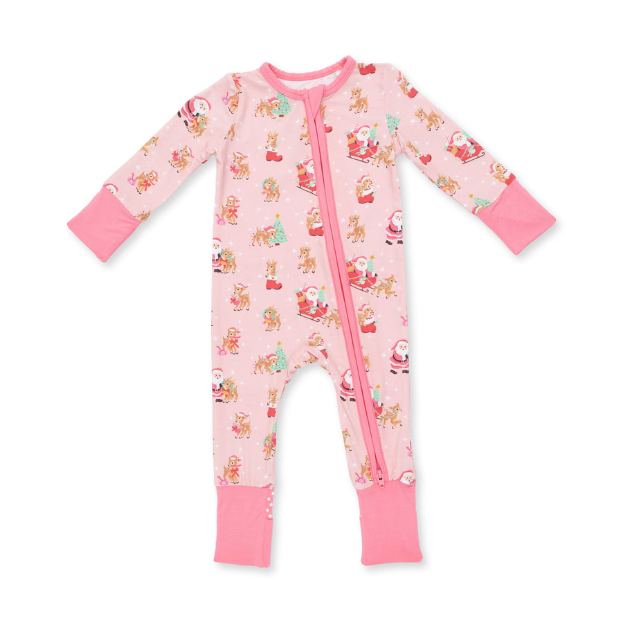 Bamboo Zipper Romper - Vintage Reindeer and Santa - Pink