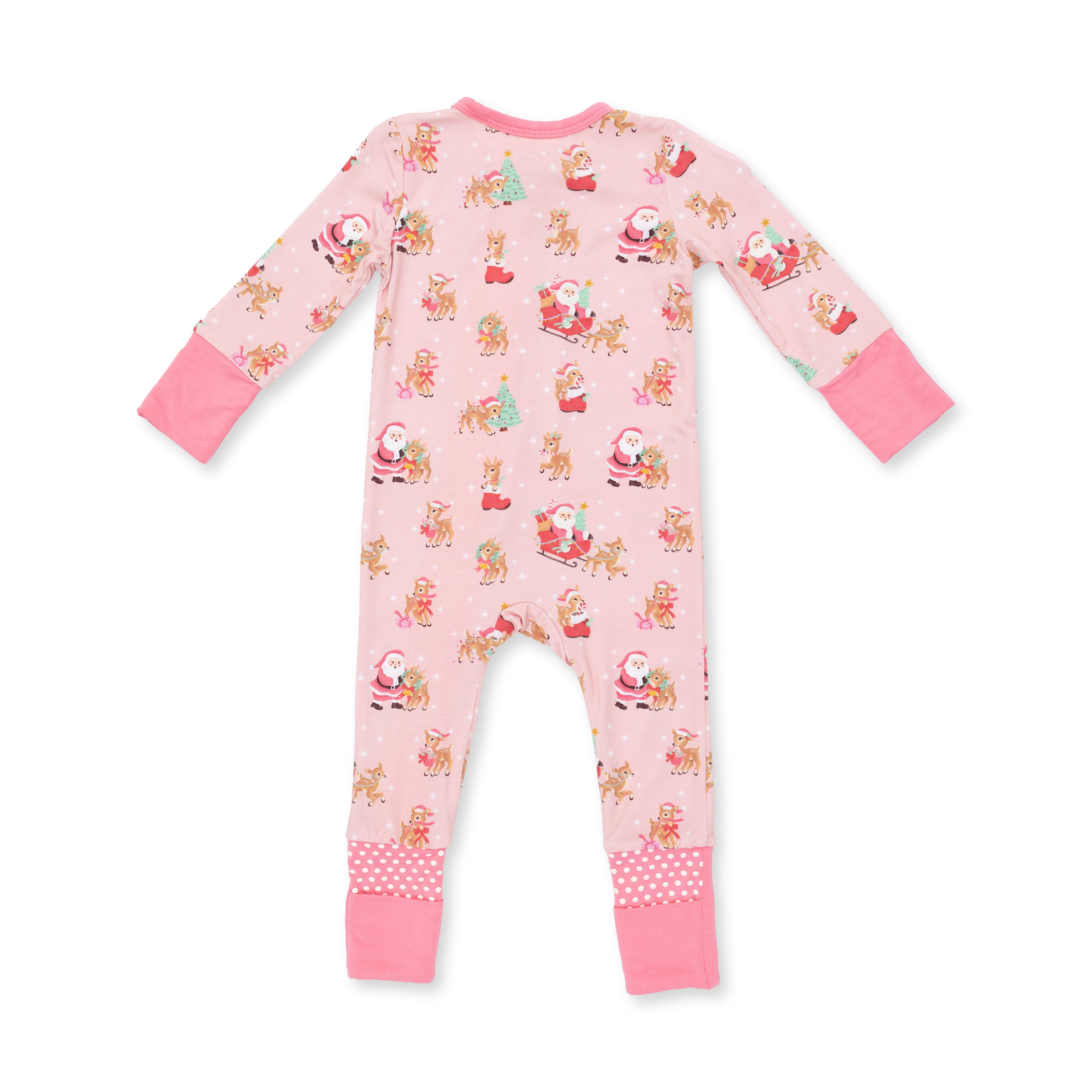 Bamboo Zipper Romper - Vintage Reindeer and Santa - Pink