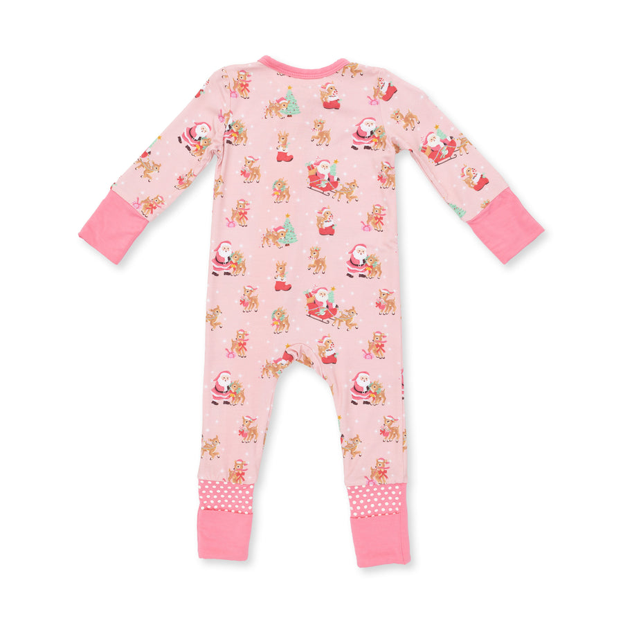 Bamboo Zipper Romper - Vintage Reindeer and Santa - Pink