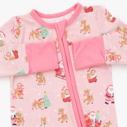 Bamboo Zipper Romper - Vintage Reindeer and Santa - Pink