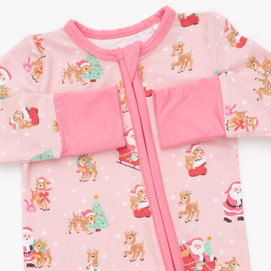 Bamboo Zipper Romper - Vintage Reindeer and Santa - Pink