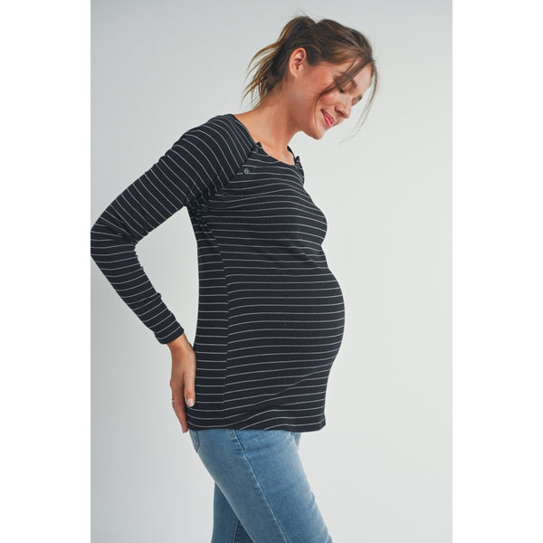 Stripe Maternity/Nursing Top with Button Detail - Black