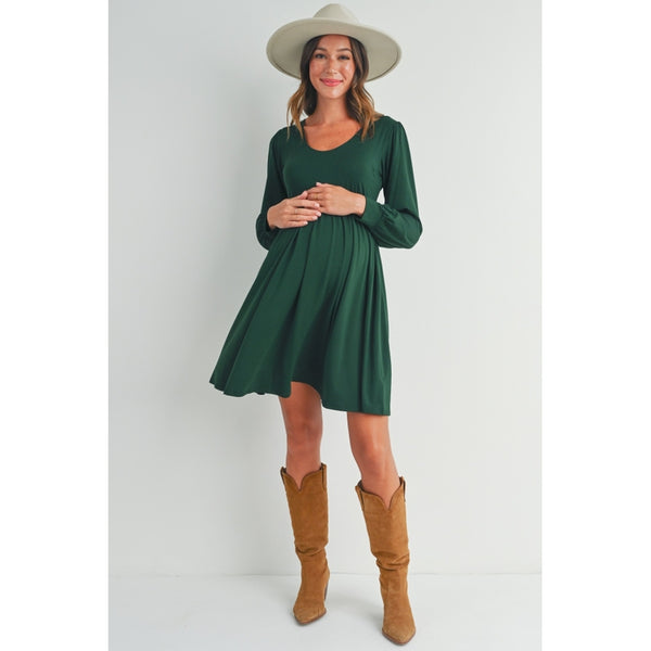 Scoop Neck Puff Sleeve Maternity Dress with Pockets - Green