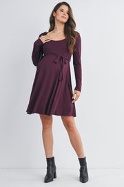 Scoop Neck Long Sleeve Maternity Tie Dress - Burgandy
