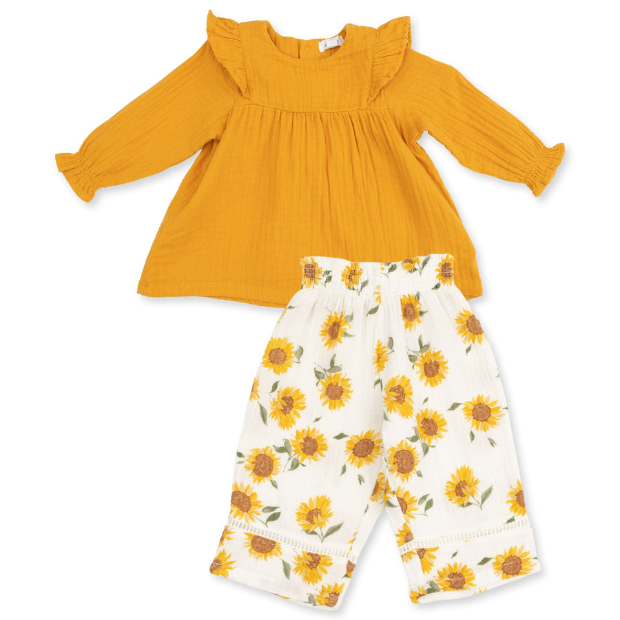 Long Sleeve Ruffle Tunic and Smocked Waist Pant - Baby Sunflower