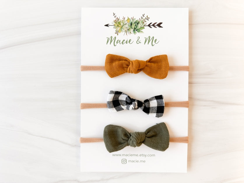Set of 3 Tied Bows on Nylon Headbands - Copper, Gingham, and Olive
