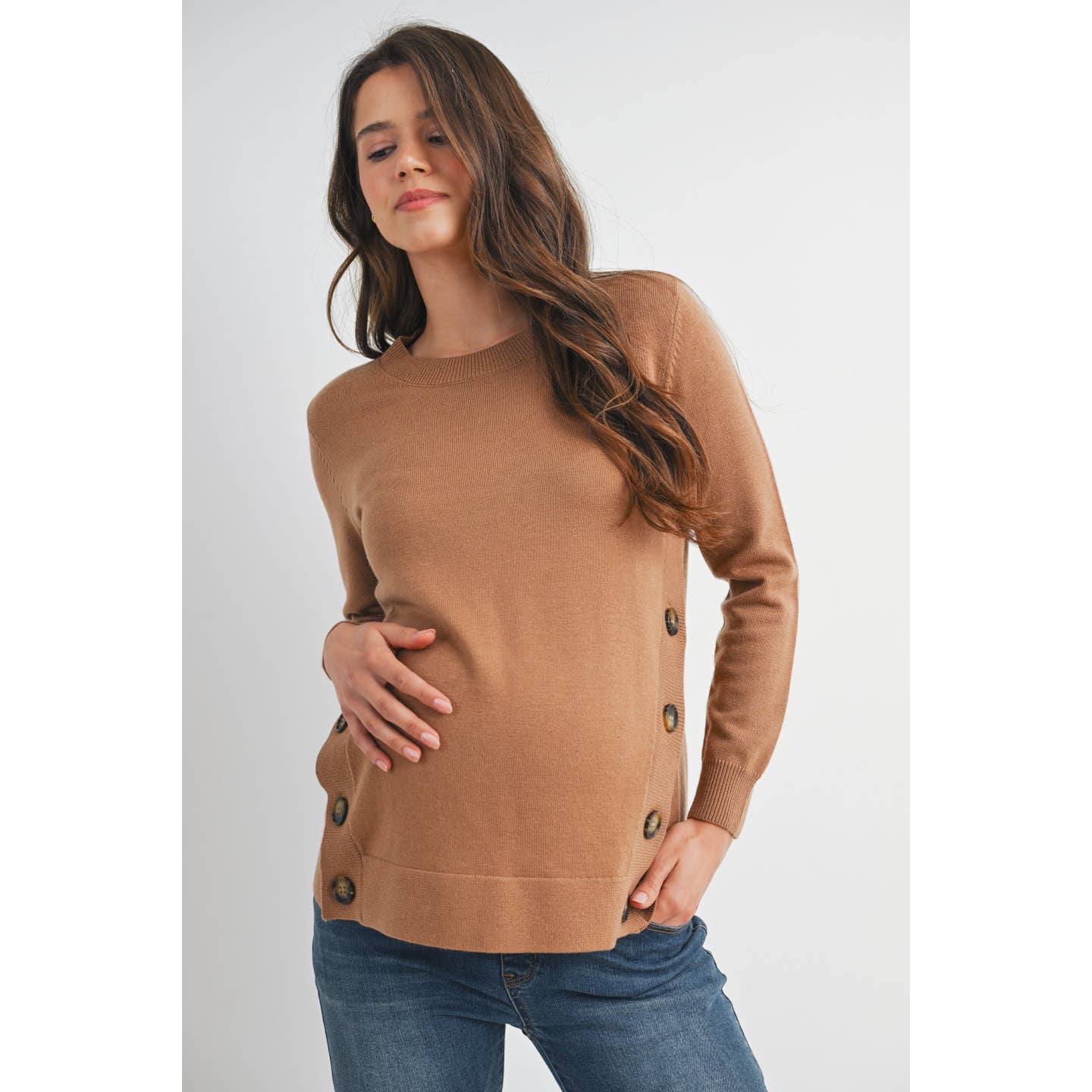 Button Side Pull Over Nursing/Maternity Sweater - Camel