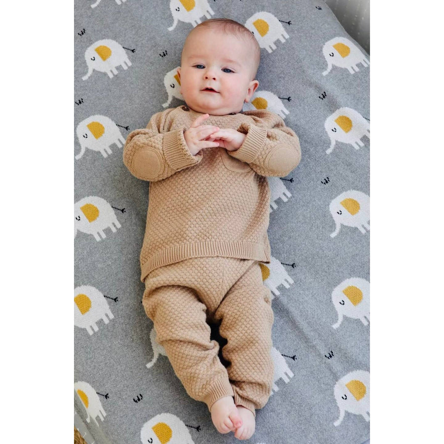 Organic Jacquard Sweater Knit Baby Blanket - Elephant