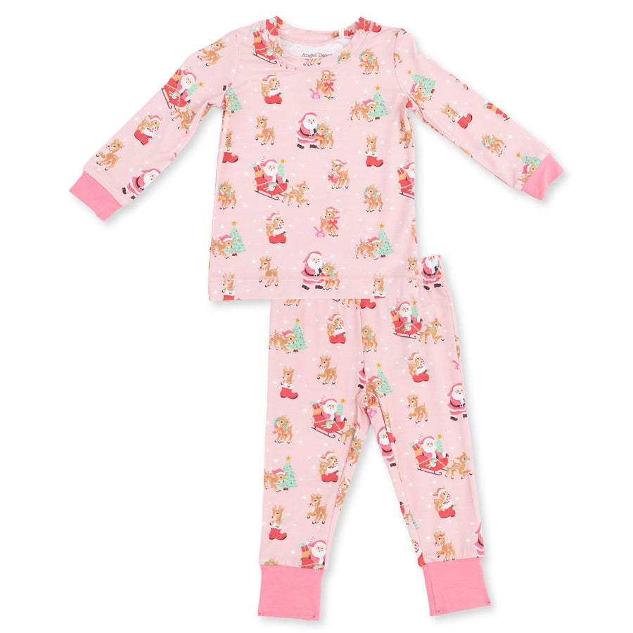 Long Sleeve Bamboo Loungewear Set - Vintage Reindeer and Santa - Pink