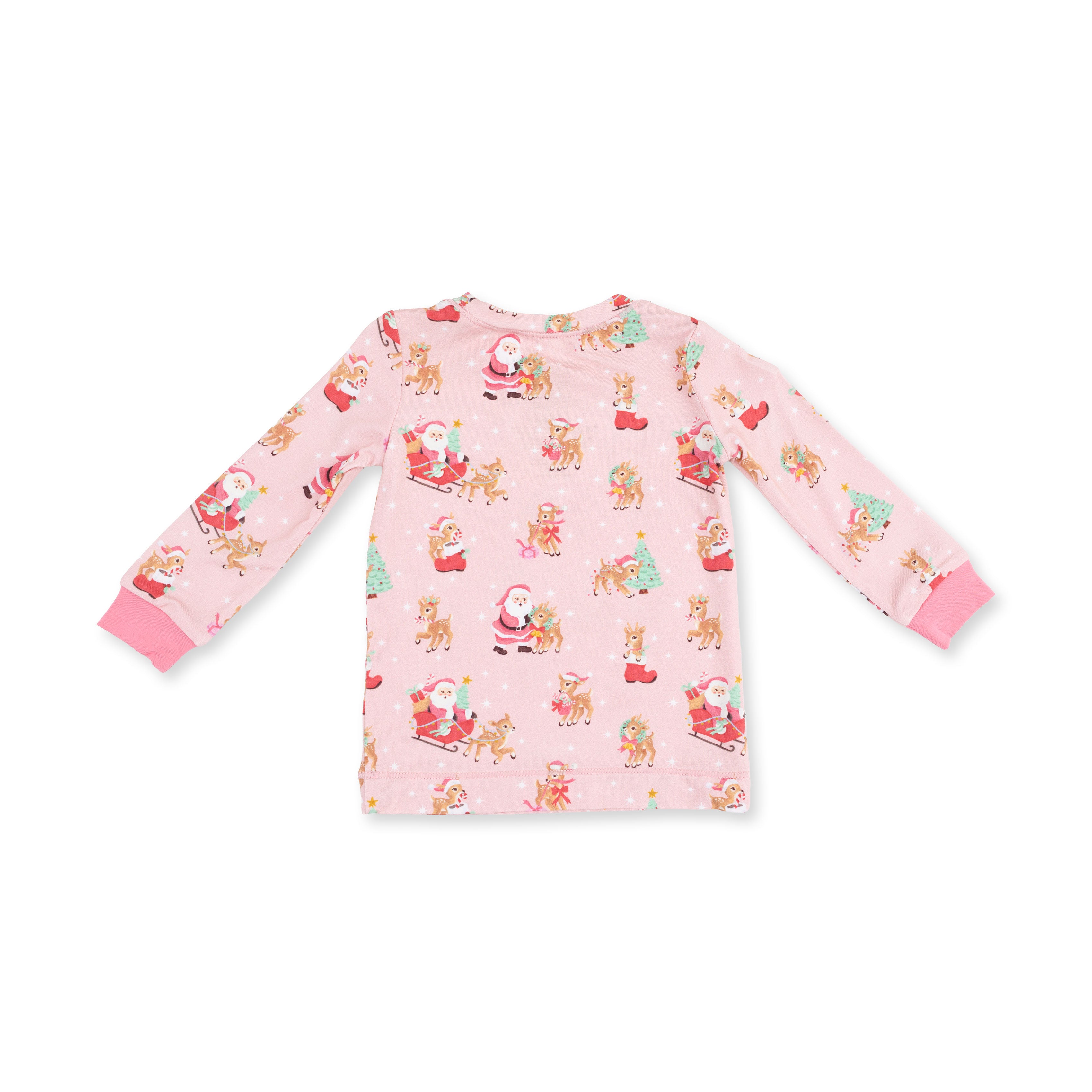 Long Sleeve Bamboo Loungewear Set - Vintage Reindeer and Santa - Pink