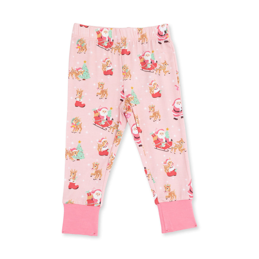 Long Sleeve Bamboo Loungewear Set - Vintage Reindeer and Santa - Pink