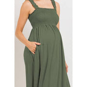 Tie Shoulder Smocked Maternity Midi Dress - Olive