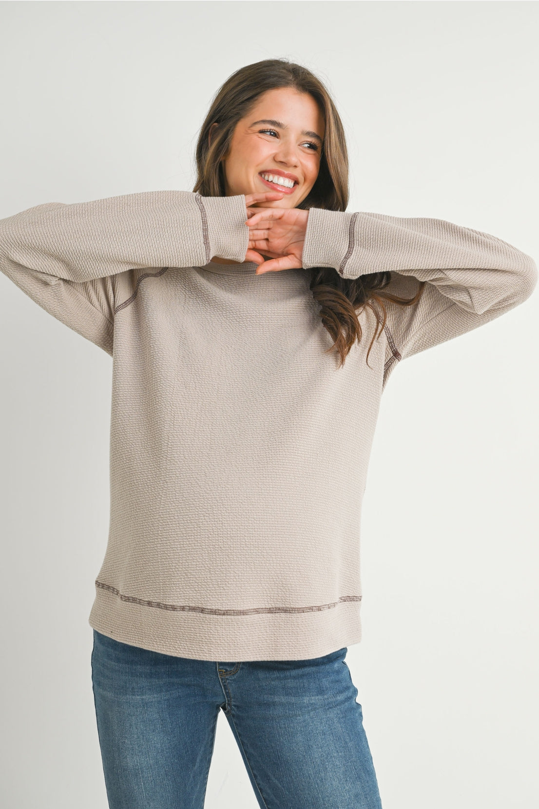 Taupe Crewneck Waffle Knit Maternity Top