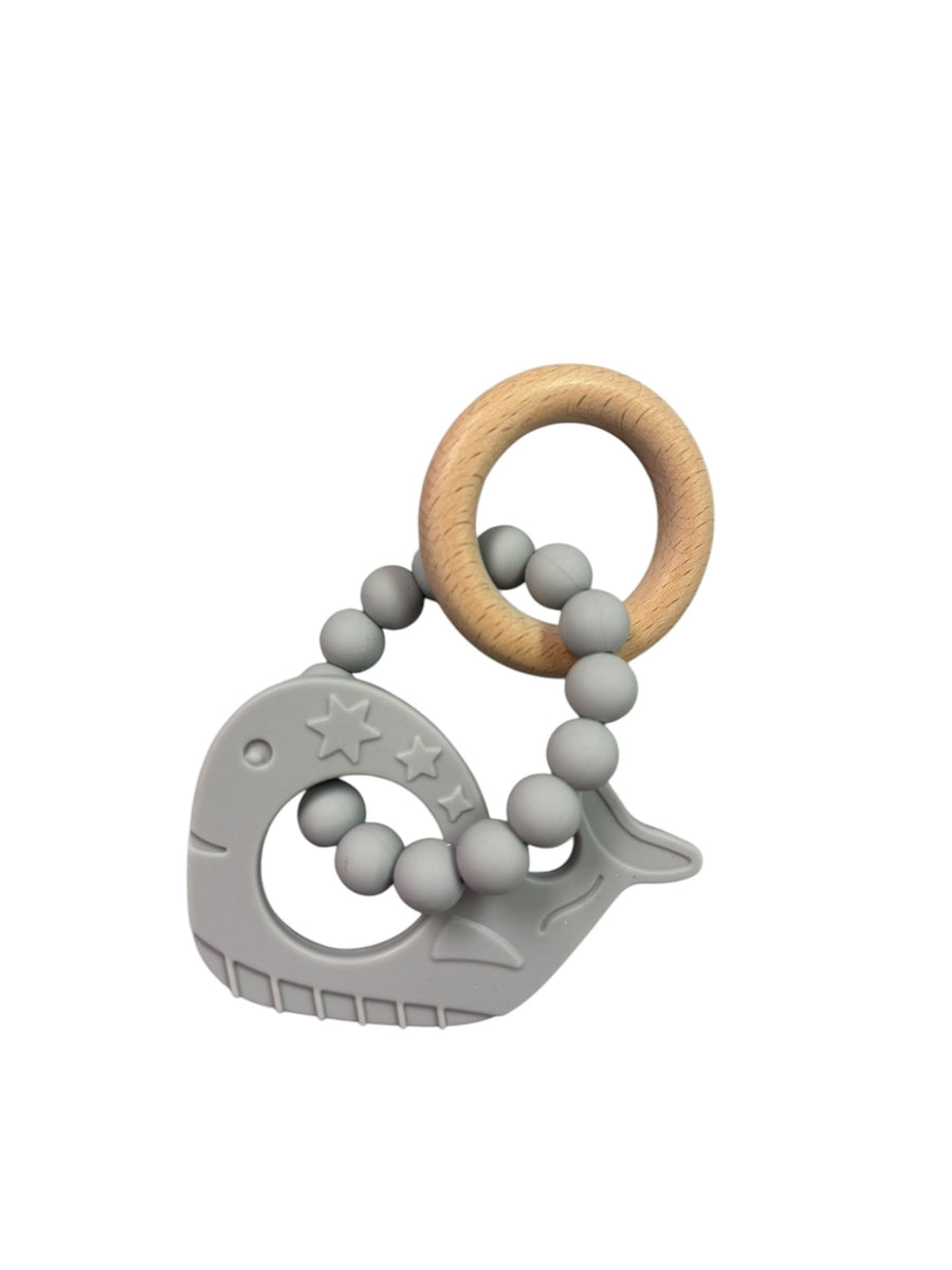 Silicone and Beechwood Whale Rattle Teether - Various Colors