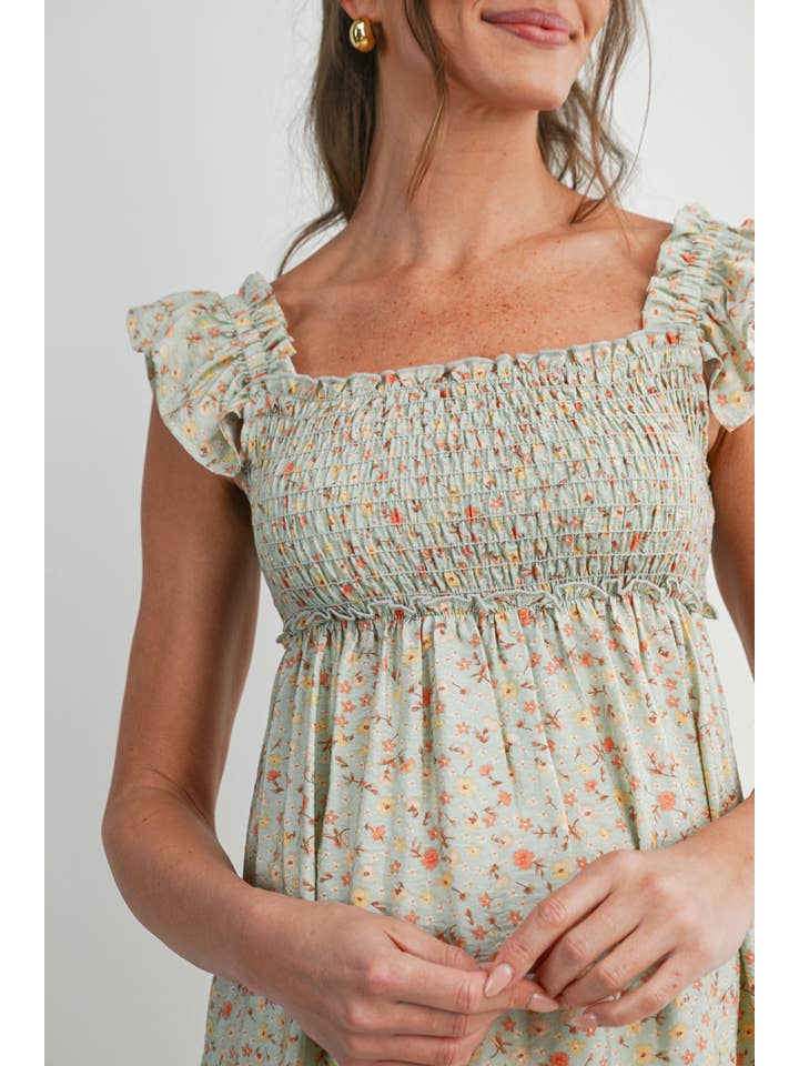 Floral Smocked Maternity Babydoll Dress - Green