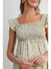 Floral Smocked Maternity Babydoll Dress - Green
