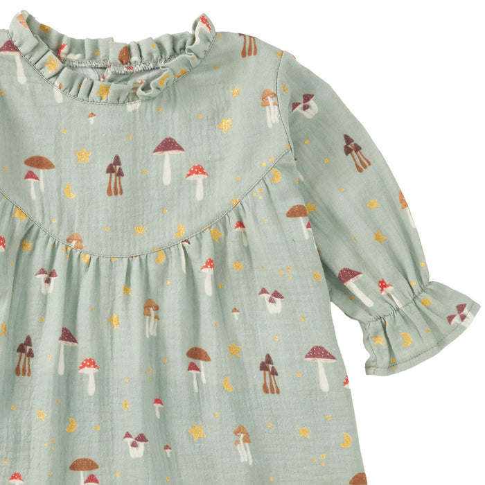 Muslin Long Sleeve Ruffle Trim Dress - Dreamcap Forest