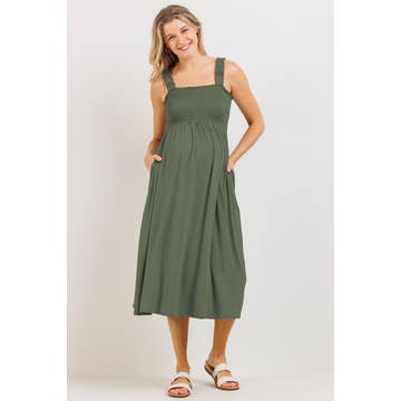 Tie Shoulder Smocked Maternity Midi Dress - Olive