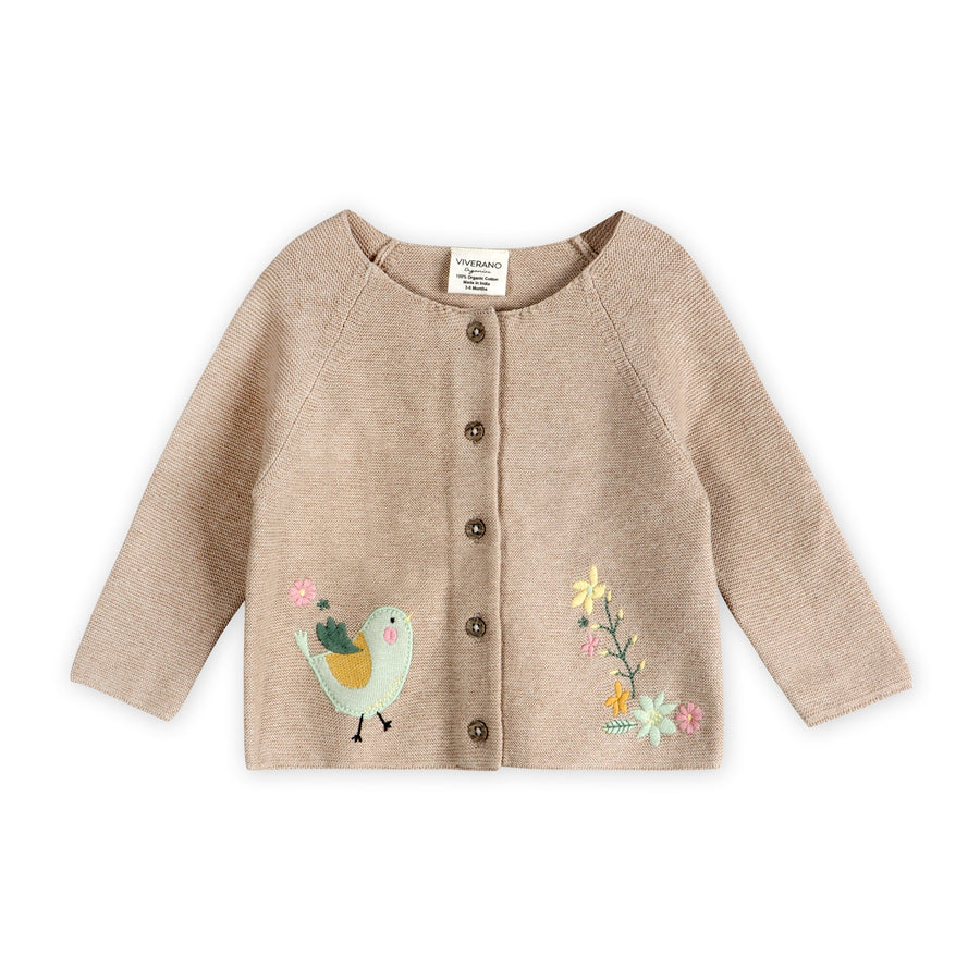 Organic Cotton Embroidered Baby Knit Cardigan - Bird