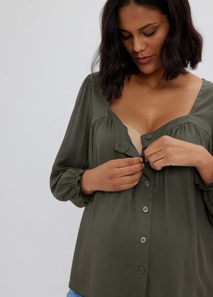 Button Front Sweetheart Blouse - Olive