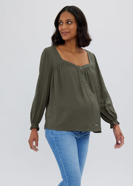 Button Front Sweetheart Blouse - Olive