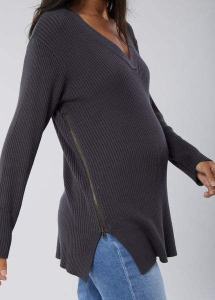 Side Zip Nursing Sweater - Asphault