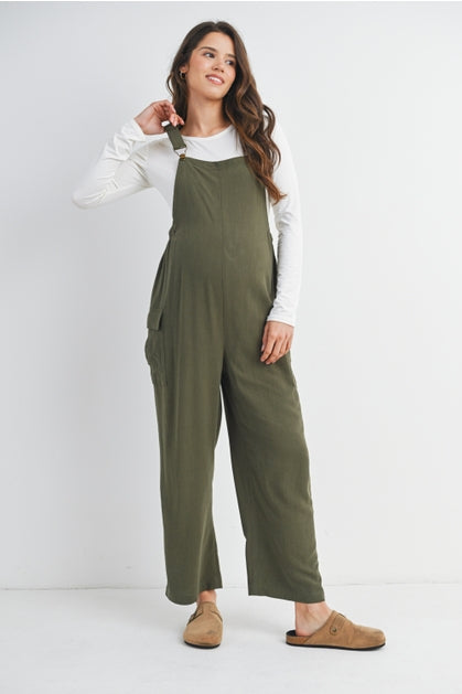 Straight Leg Maternity Adjustable Overalls - Olive