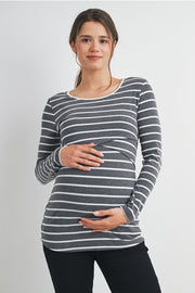 Striped Double Layer Long Sleeve Maternity Nursing Knit Top - Charcoal/White