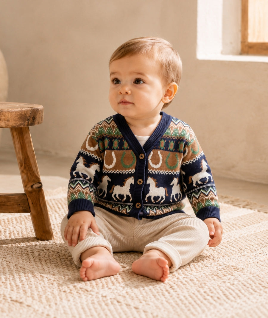 Western Jacquard Knit Baby Cardigan Sweater
