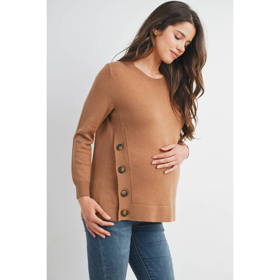 Button Side Pull Over Nursing/Maternity Sweater - Camel
