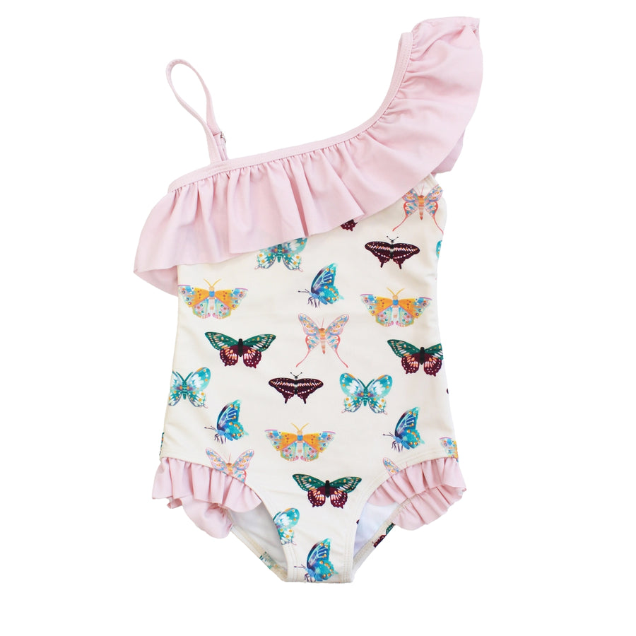 Girls Ruffle Leg One Piece Swimsuit - Wings of Paradise Butterflies