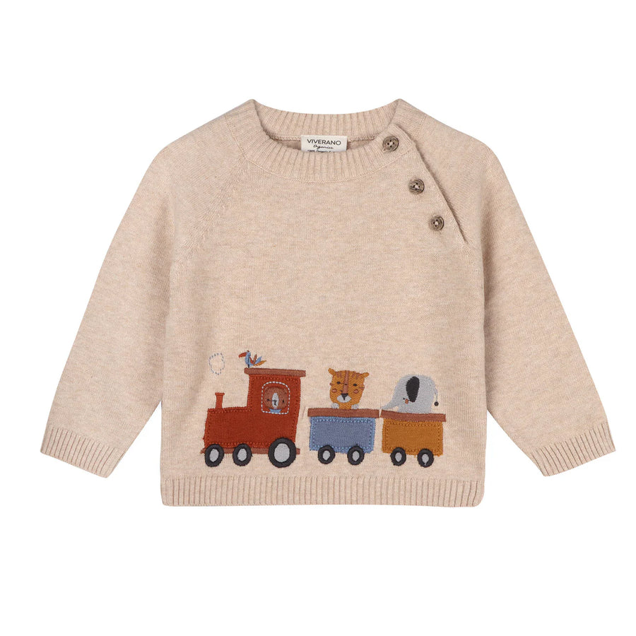 Animal Train Knit Organic Cotton Pullover - Oatmeal Heather