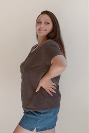 V Neck Full Zip Breastfeeding Tee - Gray