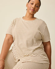 Luxe Terry Maternity & Nursing Split Hem T-Shirt - Ivory and Chocolate Stripe