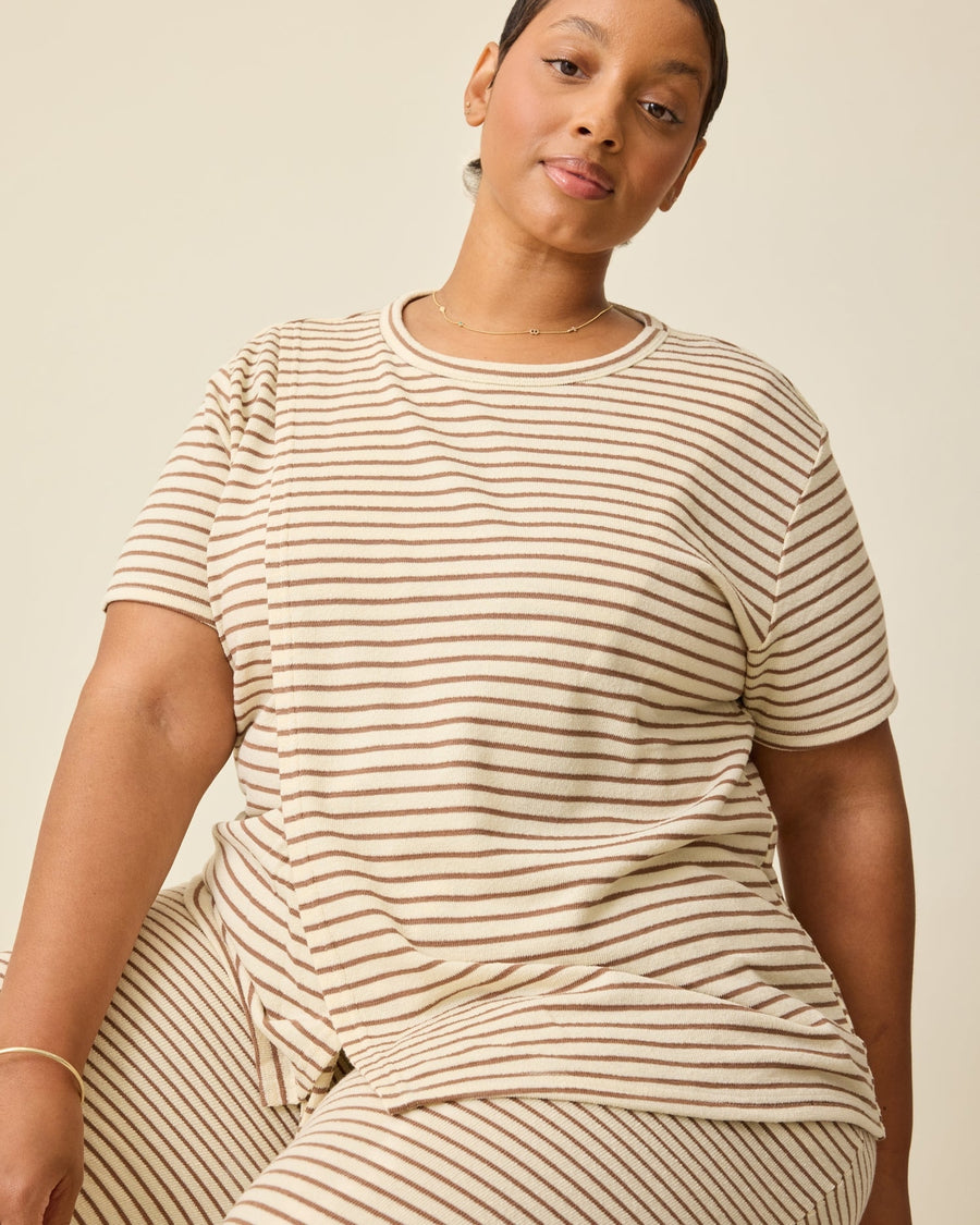 Luxe Terry Maternity & Nursing Split Hem T-Shirt - Ivory and Chocolate Stripe