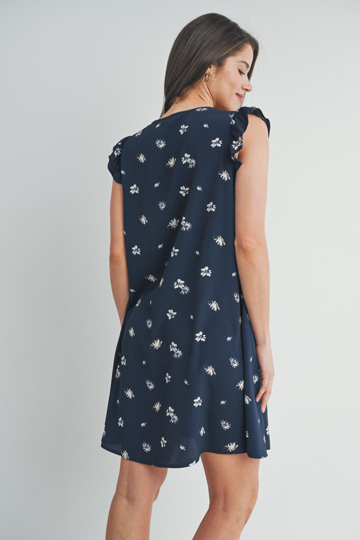 Floral Ruffle Cap Sleeve Maternity V-Neck Dress - Navy