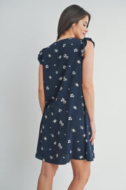 Floral Ruffle Cap Sleeve Maternity V-Neck Dress - Navy