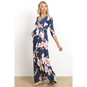 Floral Print Faux Wrap Maternity Maxi Dress - Navy