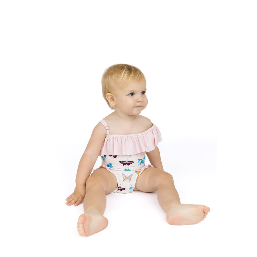 Girls Ruffle Leg One Piece Swimsuit - Wings of Paradise Butterflies