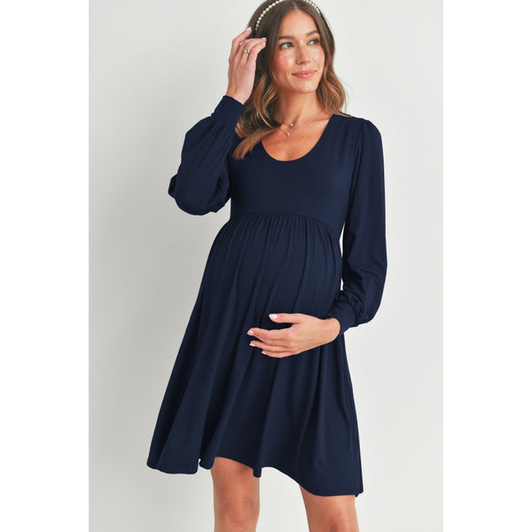 Scoop Neck Puff Sleeve Maternity Dress with Pockets - Navy