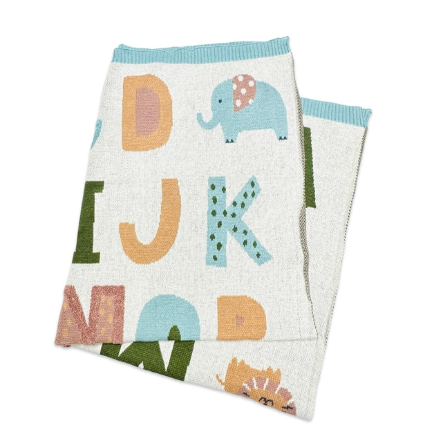 Organic Jacquard Sweater Knit Baby Blanket - Alphabet Blue