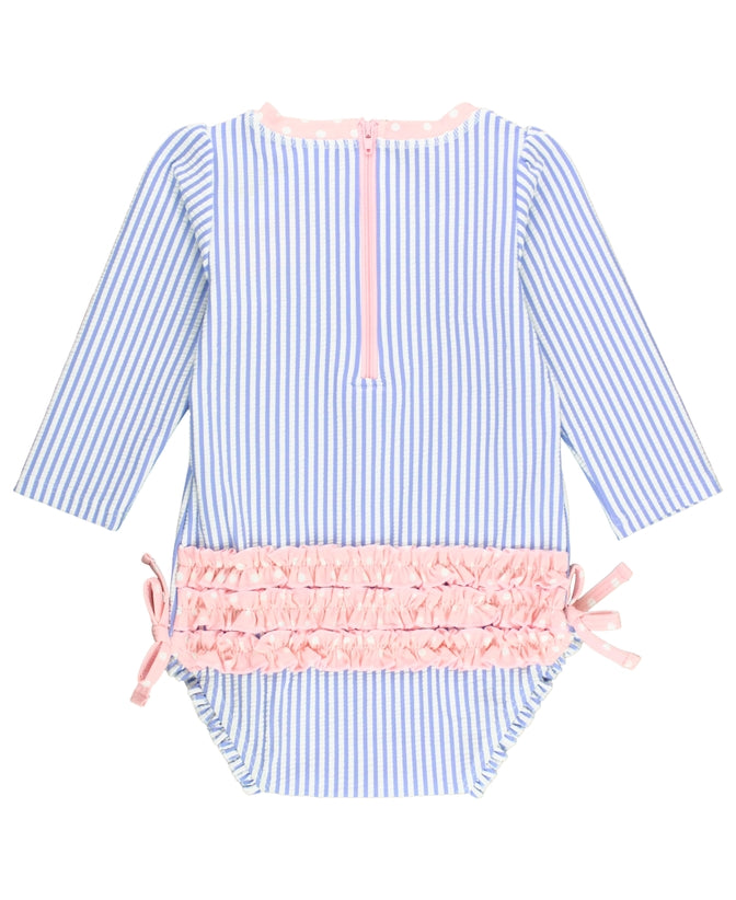 Perwinkle Blue Seersucker with Ruffles Long Sleeve Swimsuit