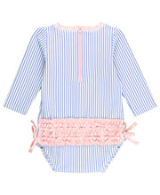 Perwinkle Blue Seersucker with Ruffles Long Sleeve Swimsuit