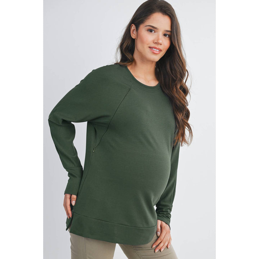 Side Zip Long Sleeve Maternity Nursing Sweatshirt - Green