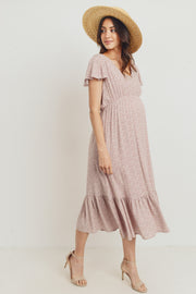 Flutter Sleeve V-Neck Maternity Ruffle Midi Dress - Mauve